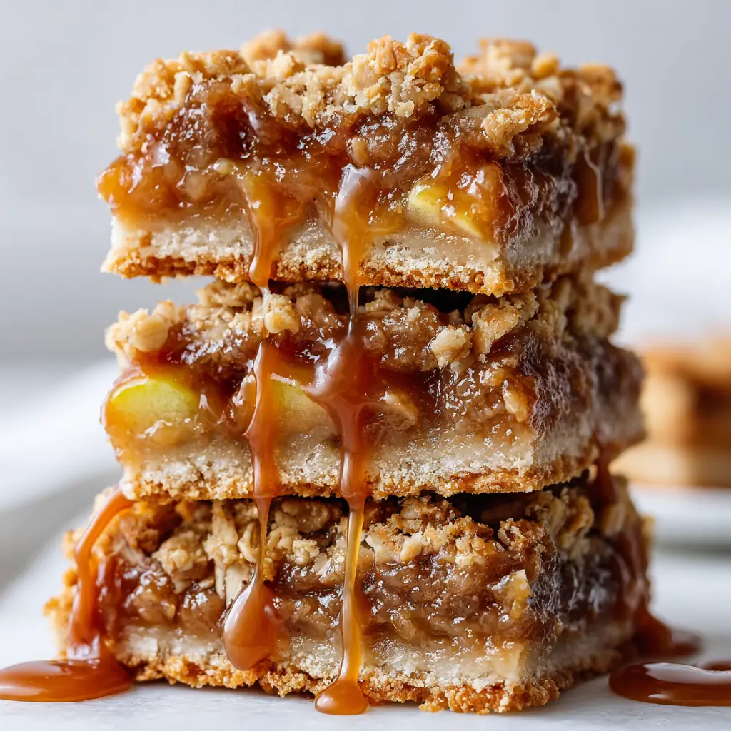 A stack of three gooey, decadent salted caramel apple crumble bars, with a thick layer of apple filling and a crumbly streusel topping, drizzled with rich caramel sauce.