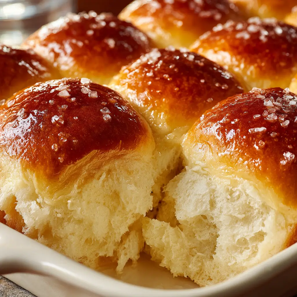 A close-up of warm, golden-brown salted honey dinner rolls in a white baking dish, brushed with honey butter and sprinkled with flaky sea salt, with one roll pulled apart to show its soft, fluffy interior.