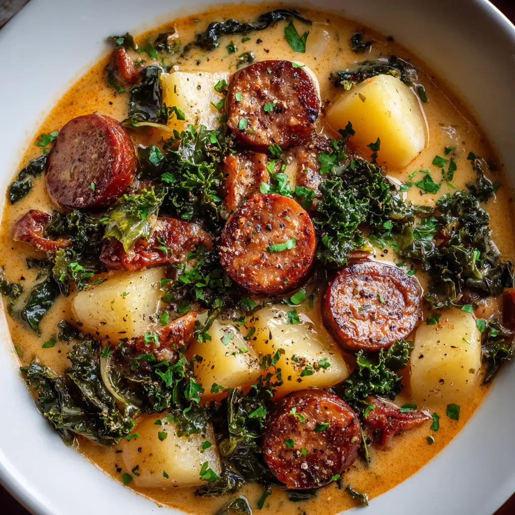 A close-up overhead shot of a white bowl filled with creamy Sausage Potato and Kale Soup, featuring slices of seared sausage, chunks of potato, and fresh kale, garnished with parsley.