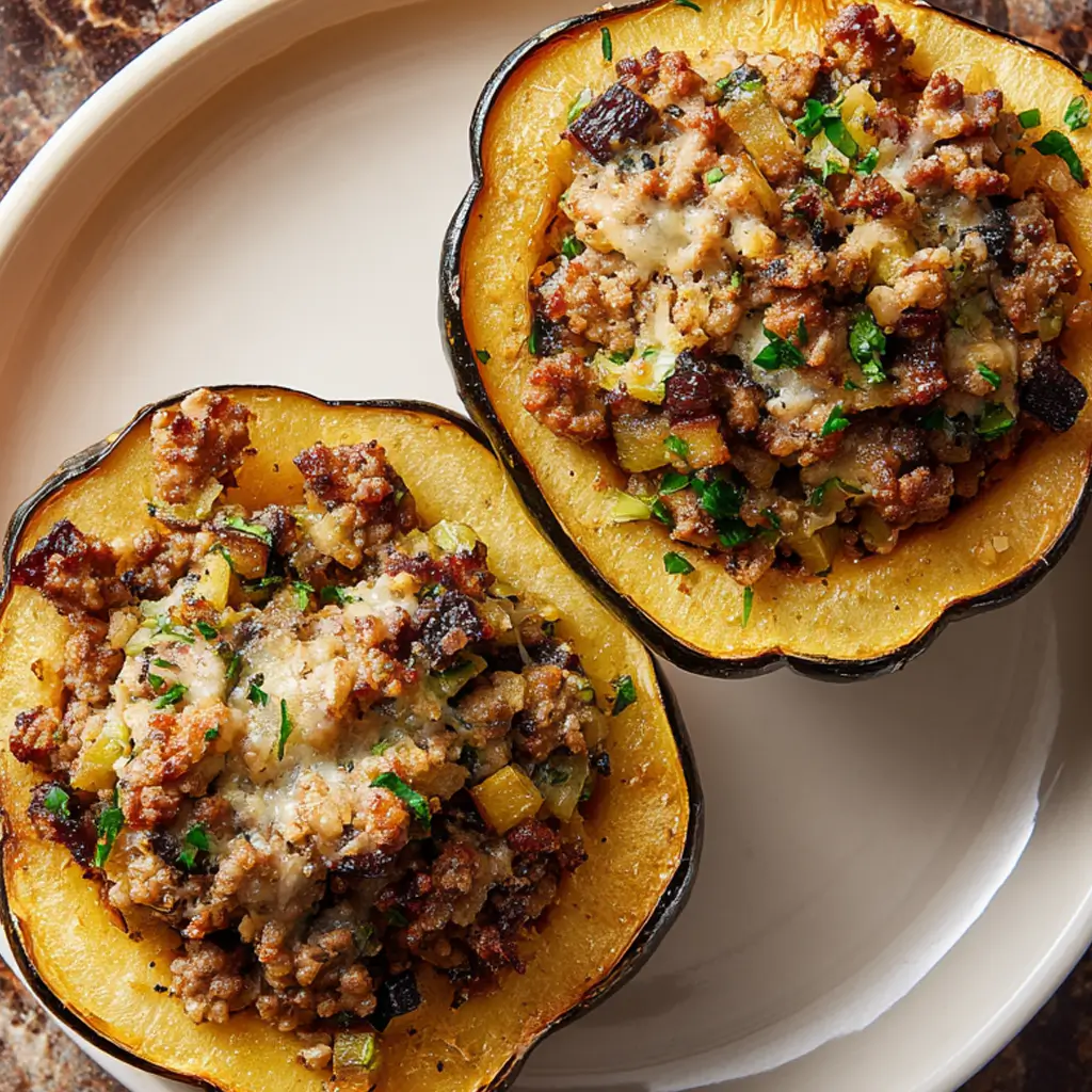 Two halves of a roasted acorn squash on a plate, filled with a savory sausage, herb, and breadcrumb stuffing, and topped with melted cheese and fresh parsley.