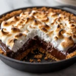 A close-up shot of a S'mores Pie with a slice taken out, showing the layers of graham cracker crust, rich chocolate filling, and toasted marshmallow meringue topping.