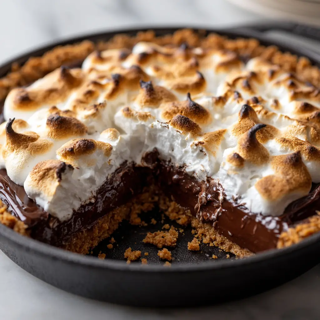 A close-up shot of a S'mores Pie with a slice taken out, showing the layers of graham cracker crust, rich chocolate filling, and toasted marshmallow meringue topping.