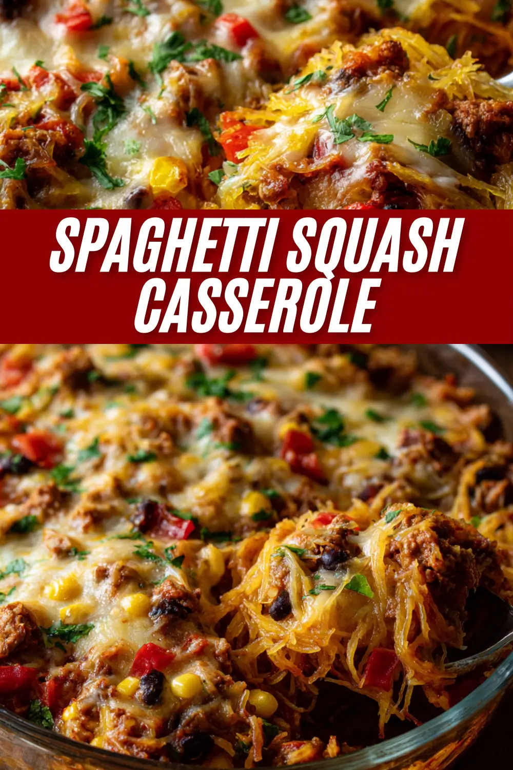 A recipe pin for Spaghetti Squash Casserole, showing two close-up photos of the cheesy baked dish with a text overlay that reads 'Spaghetti Squash C casserole'.
