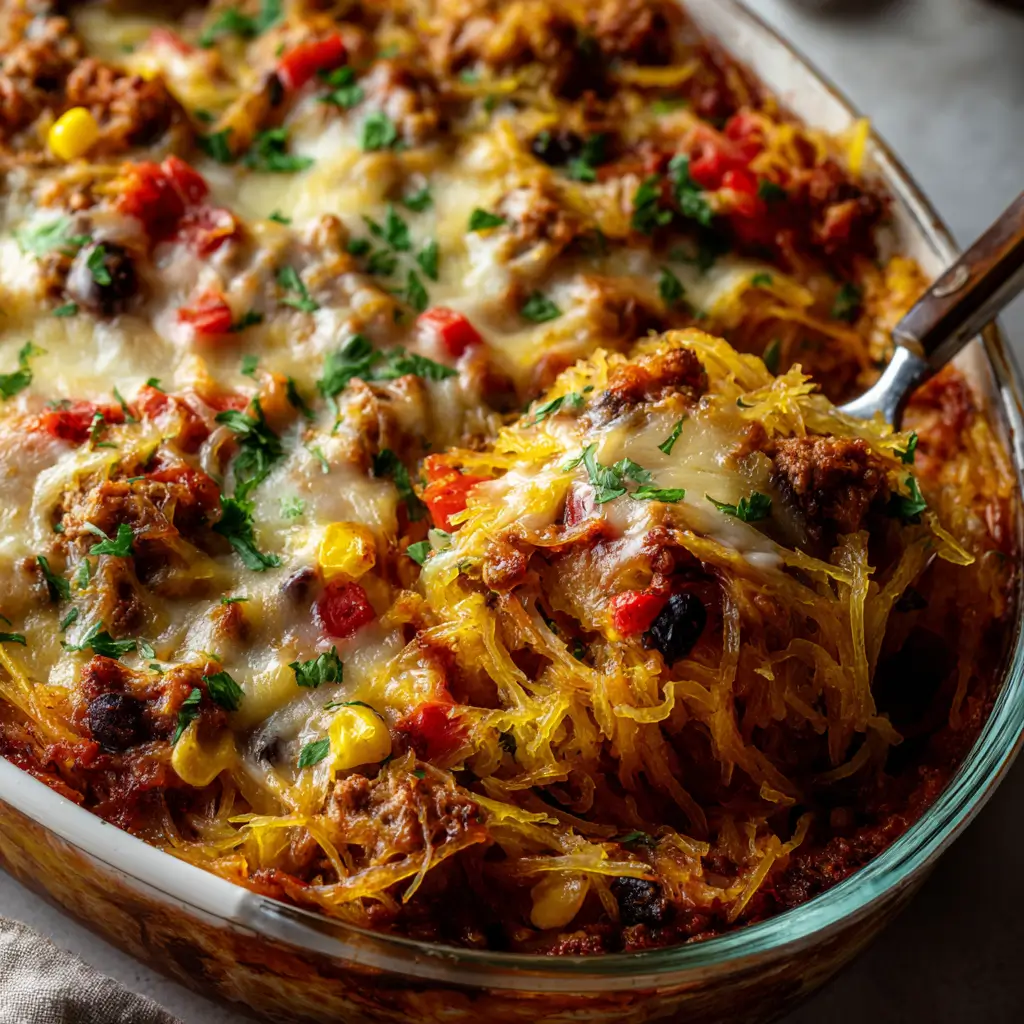 A close-up of a cheesy spaghetti squash casserole in a glass baking dish, with a spoon lifting a serving to show the ground meat, corn, and peppers inside.