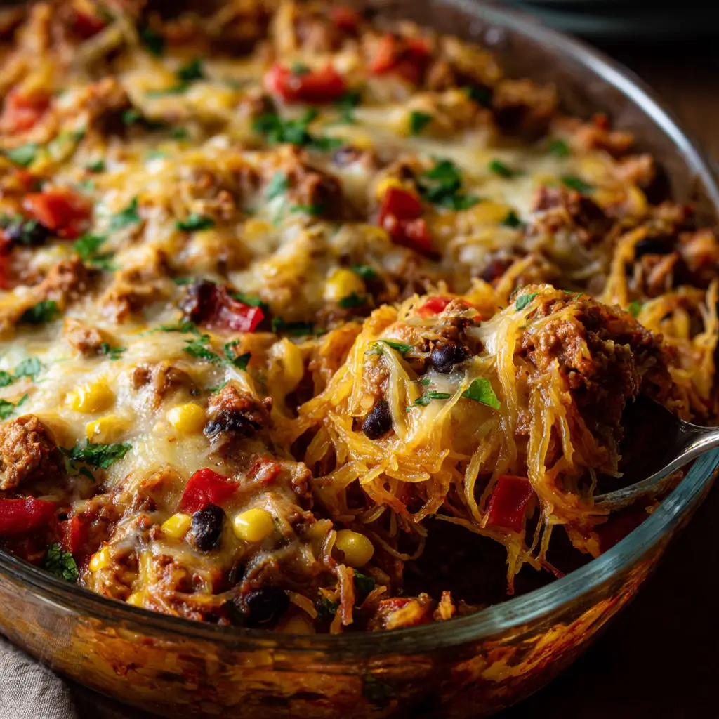 A side view of a baked spaghetti squash casserole in a glass dish, with a spoonful showing the mixture of ground meat, black beans, corn, and melted cheese.