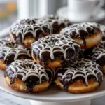 A white cake stand piled high with spiderweb donuts, featuring a rich chocolate glaze and intricate white icing web designs, perfect for a Halloween treat.