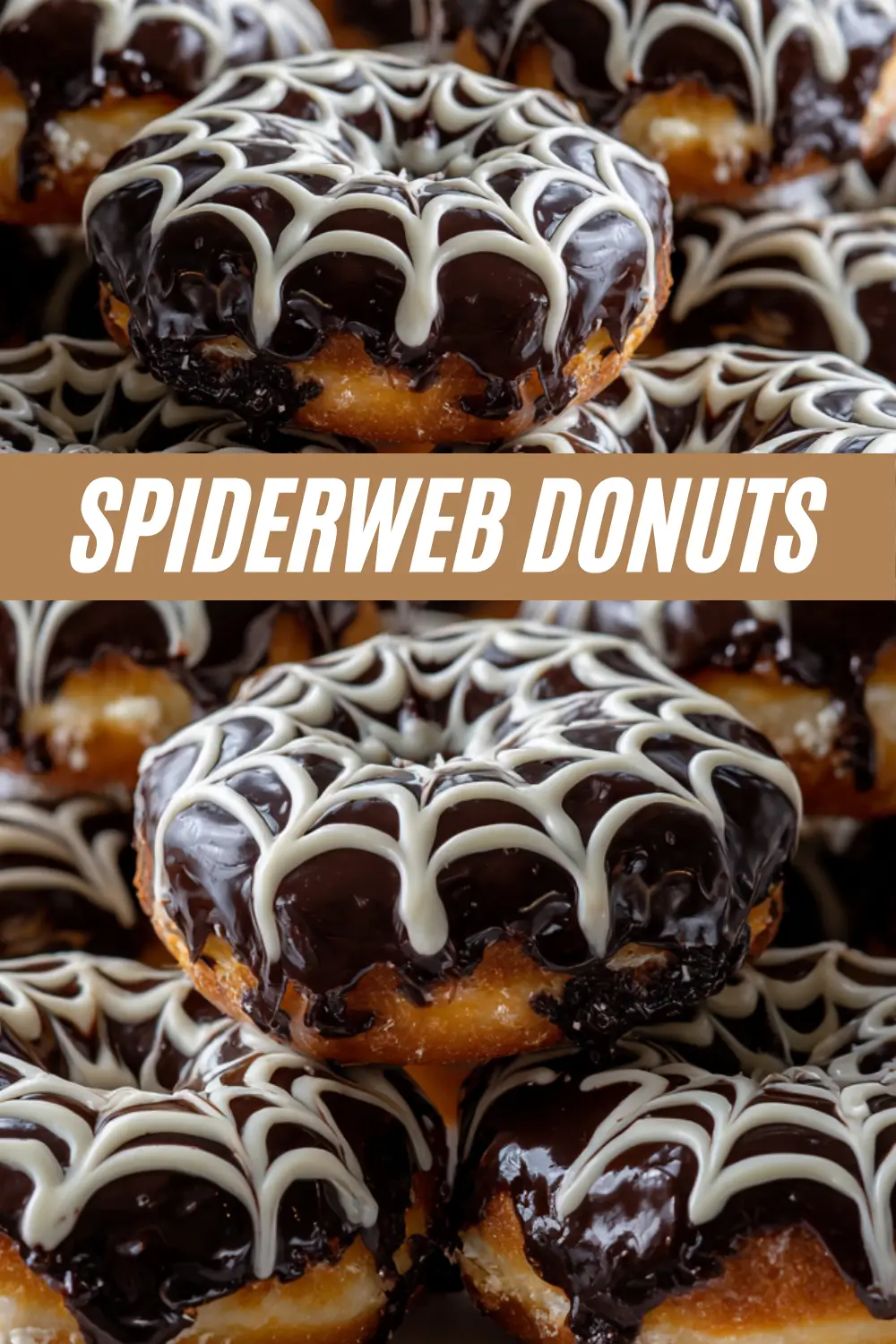 A recipe collage for Spiderweb Donuts, showing close-ups of chocolate-glazed donuts with intricate white icing spiderweb designs.