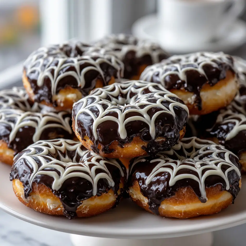 A white cake stand piled high with spiderweb donuts, featuring a rich chocolate glaze and intricate white icing web designs, perfect for a Halloween treat.