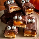 A close-up shot of a stack of spooky homemade Twix bars decorated with candy eyeballs for Halloween. One bar is cut in half, revealing a buttery shortbread crust and a thick layer of gooey caramel, all coated in rich milk chocolate and sprinkled with sea salt.