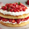 A two-layer strawberry shortcake cake on a glass cake stand, featuring fluffy vanilla cake layers filled and topped with fresh whipped cream and juicy chopped strawberries.