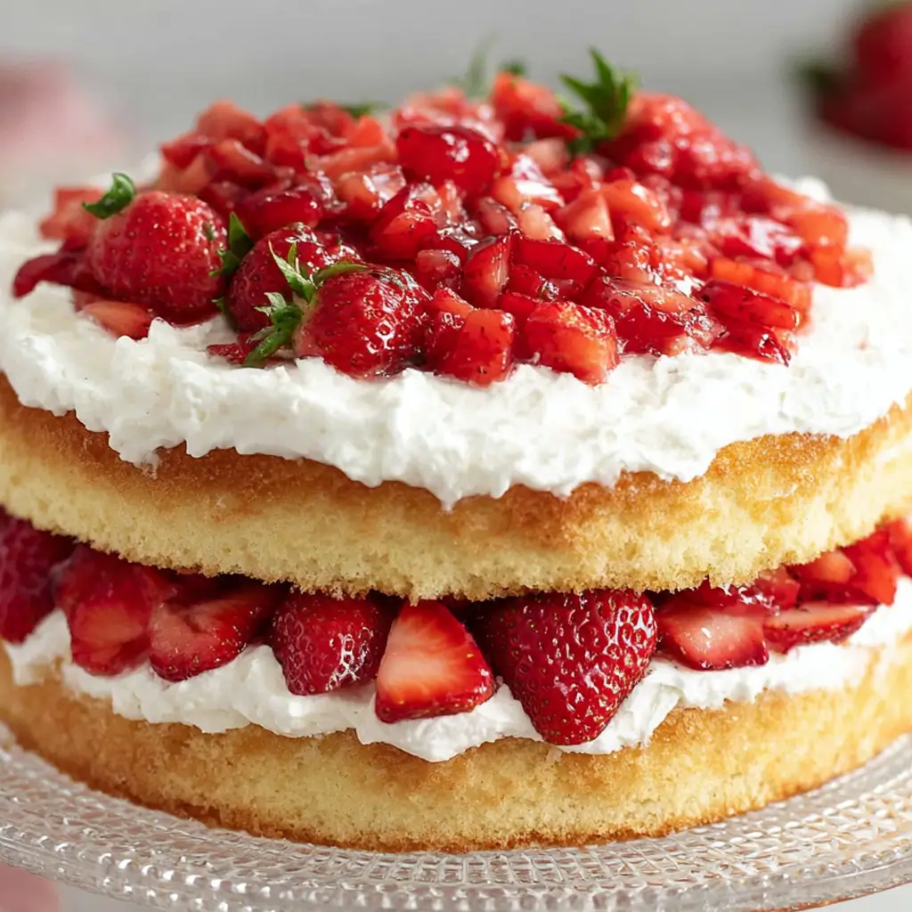 A two-layer strawberry shortcake cake on a glass cake stand, featuring fluffy vanilla cake layers filled and topped with fresh whipped cream and juicy chopped strawberries.