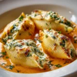 A close-up shot of four jumbo pasta shells stuffed with a cheesy ricotta and spinach filling, served in a rich, creamy pumpkin sauce inside a white bowl. The tops of the shells are perfectly baked to a golden-brown, and the dish is garnished with fresh herbs.