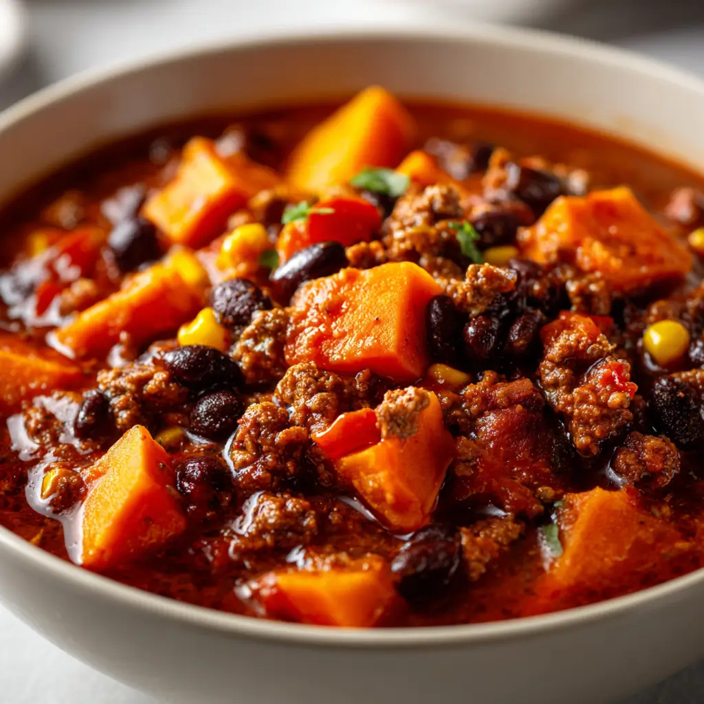 A close-up view of a bowl filled with hearty Sweet Potato Chili, featuring tender chunks of sweet potato, ground beef, black beans, and corn in a rich, savory broth.