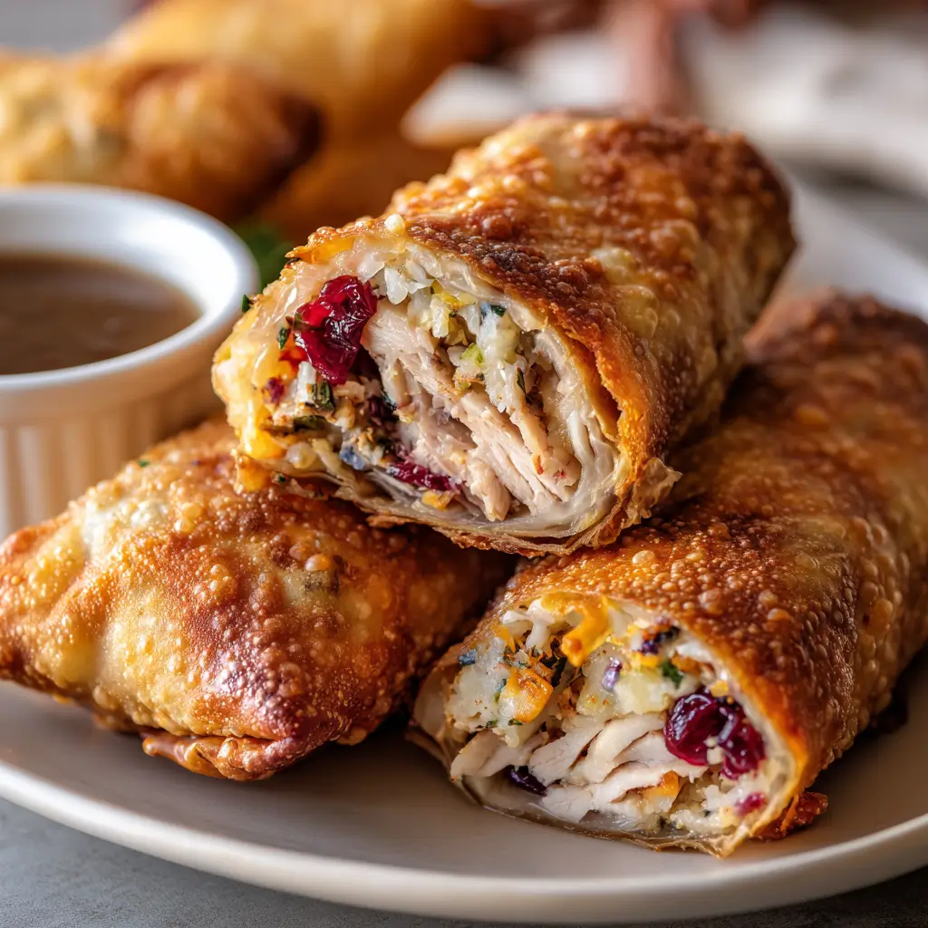 A close-up of crispy, golden-brown Thanksgiving leftover rolls, sliced in half to show the filling of turkey, stuffing, and cranberries, with a side of gravy for dipping.