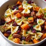 A close-up image of Thanksgiving pasta salad in a white bowl, featuring farfalle pasta tossed with roasted butternut squash, dried cranberries, toasted pecans, and fresh herbs in a light vinaigrette.