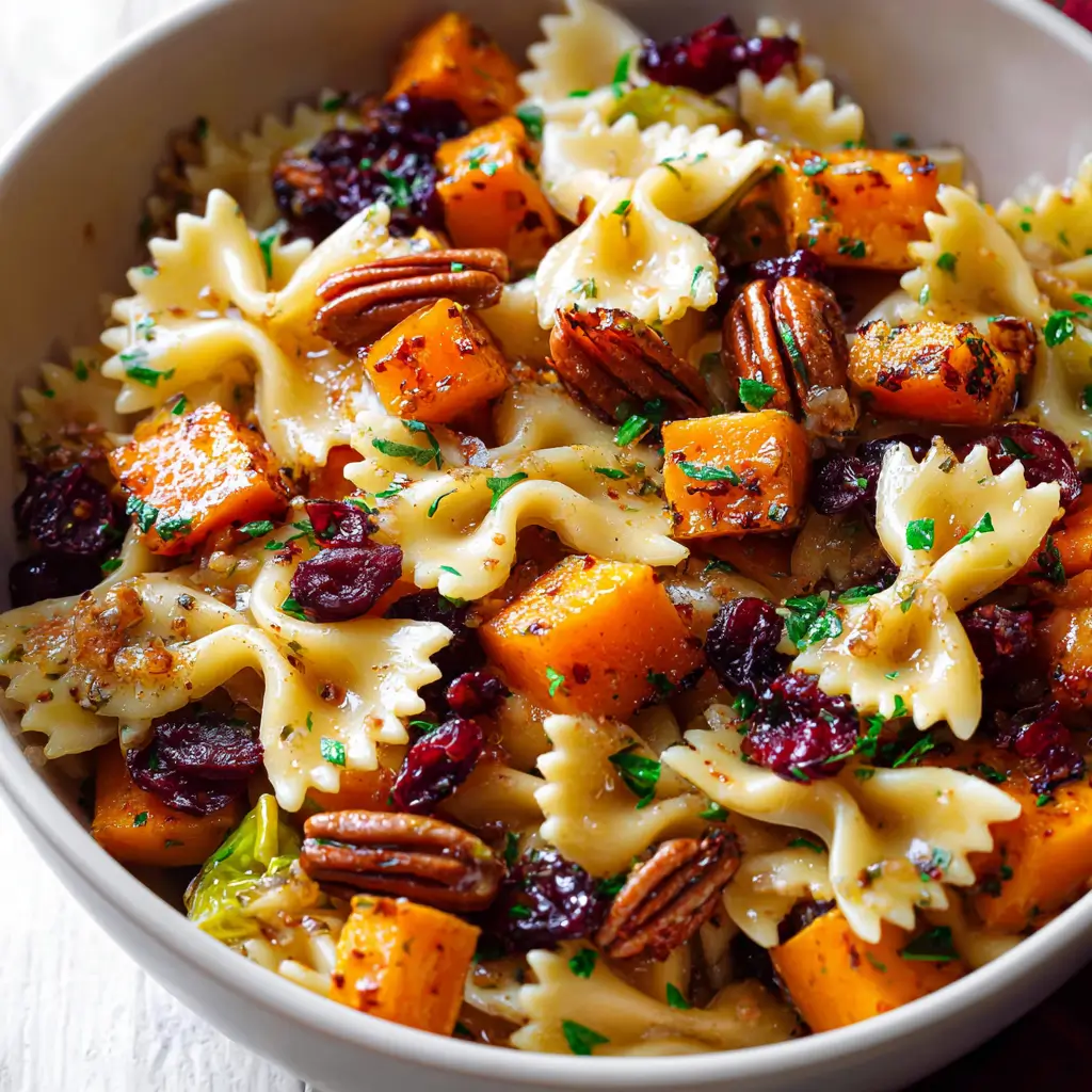 A close-up image of Thanksgiving pasta salad in a white bowl, featuring farfalle pasta tossed with roasted butternut squash, dried cranberries, toasted pecans, and fresh herbs in a light vinaigrette.