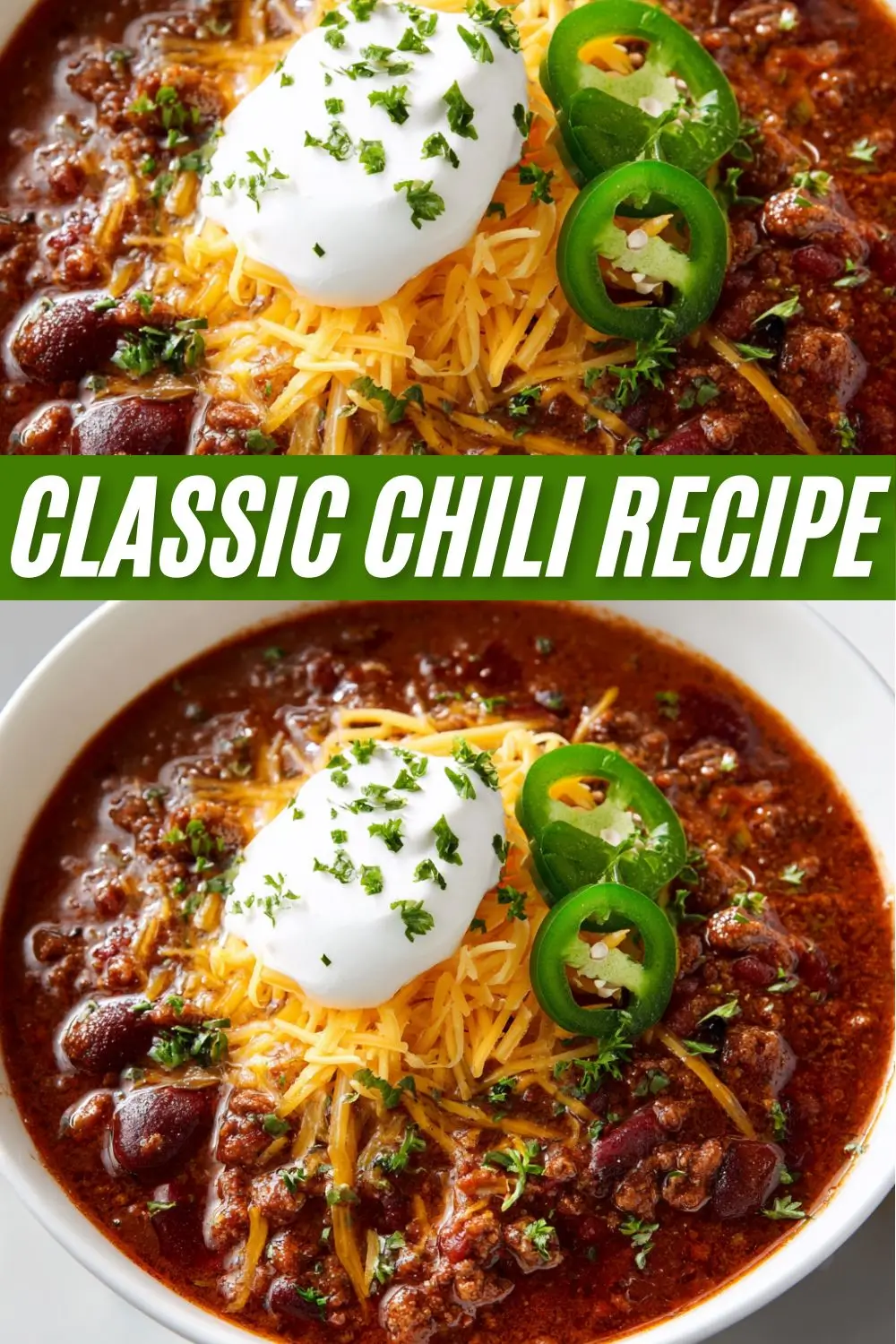 A photo collage showing two bowls of a classic chili recipe