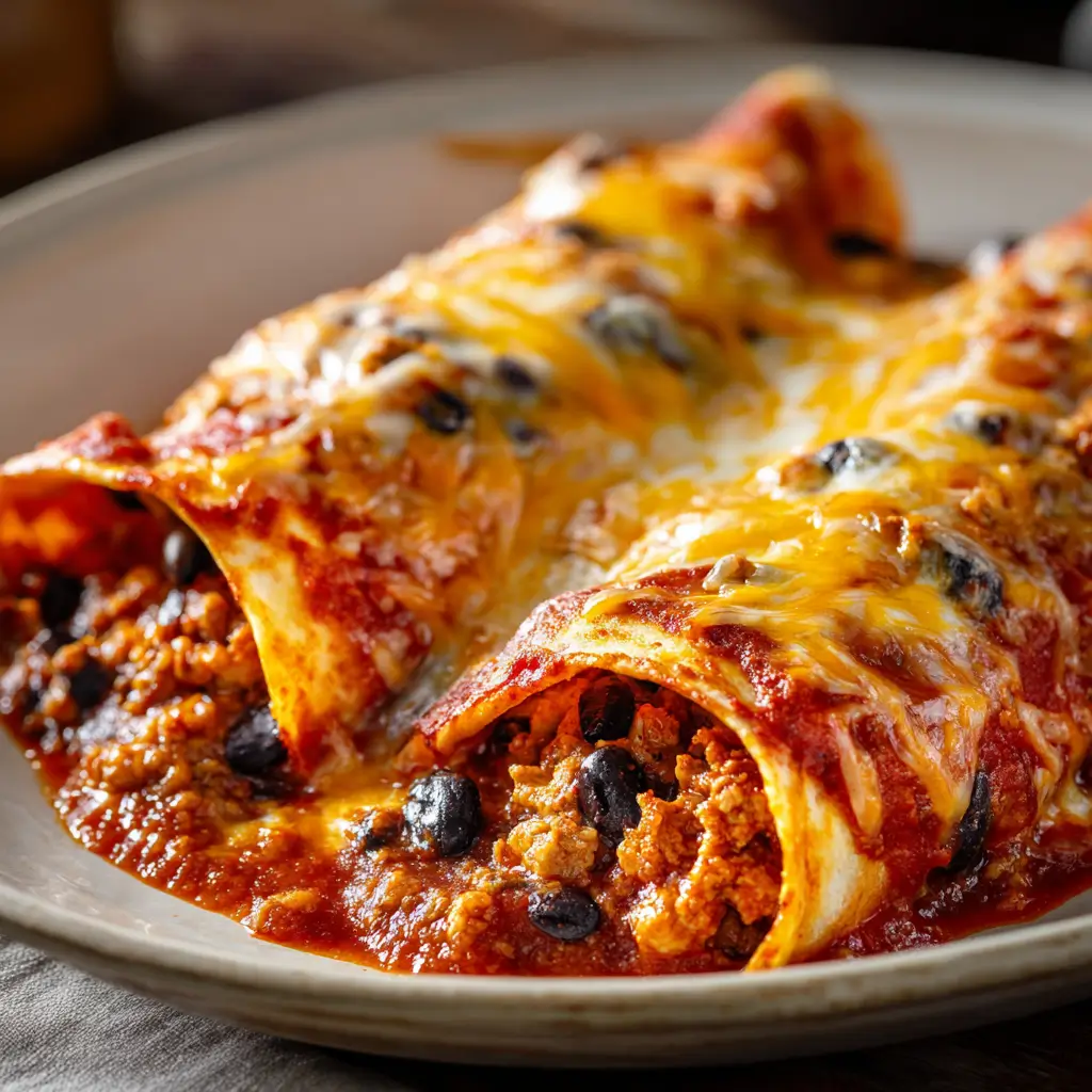A close-up image of two turkey enchiladas on a plate, filled with seasoned ground turkey and black beans, and generously covered in red enchilada sauce and melted cheese.