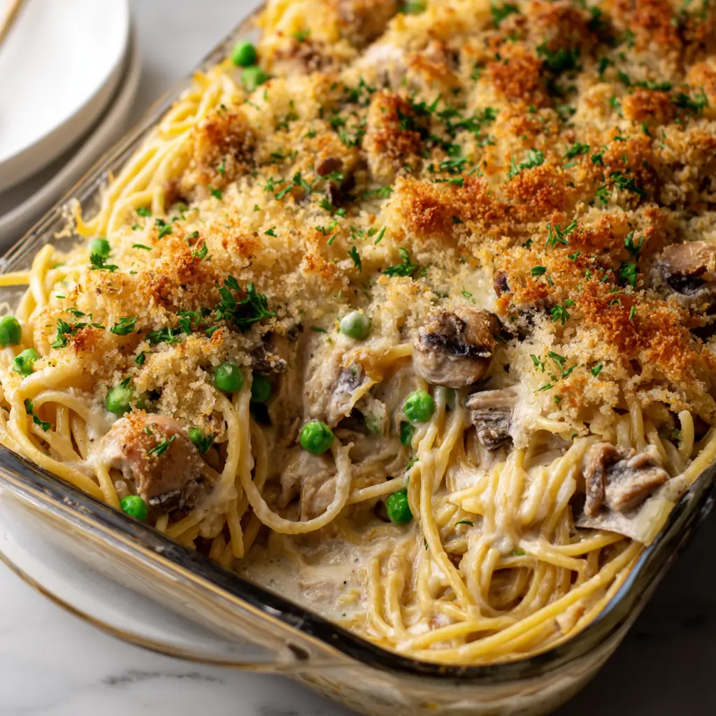 A close-up shot of a glass baking dish filled with creamy Turkey Tetrazzini, showing spaghetti, chunks of turkey, peas, and mushrooms in a cream sauce, topped with golden-brown breadcrumbs and fresh parsley.