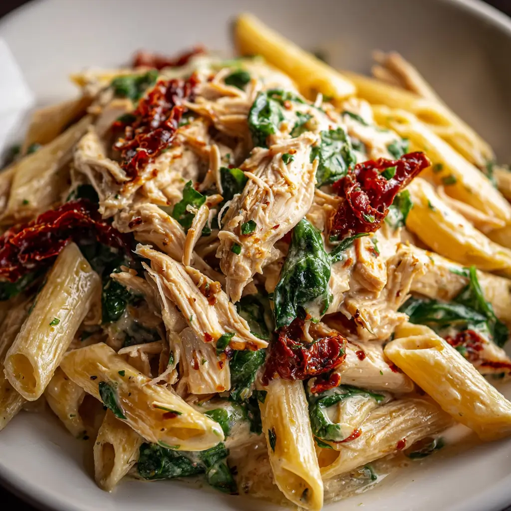 A close-up photo of a white bowl filled with creamy crockpot Tuscan chicken pasta crockpot, featuring shredded chicken, sun-dried tomatoes, and fresh spinach tossed with penne pasta.