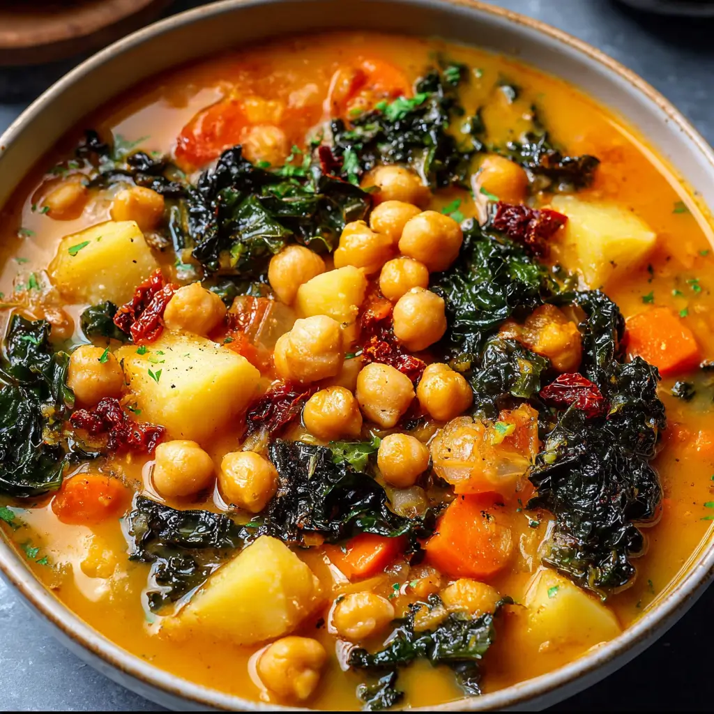 A close-up shot of a rustic bowl of Tuscan Chickpea Soup, filled with chickpeas, potatoes, carrots, and dark leafy kale in a savory orange broth.