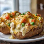 A close-up of two twice-baked potatoes on a white plate, generously filled with a creamy chicken pot pie mixture, topped with melted cheese, and garnished with fresh herbs.