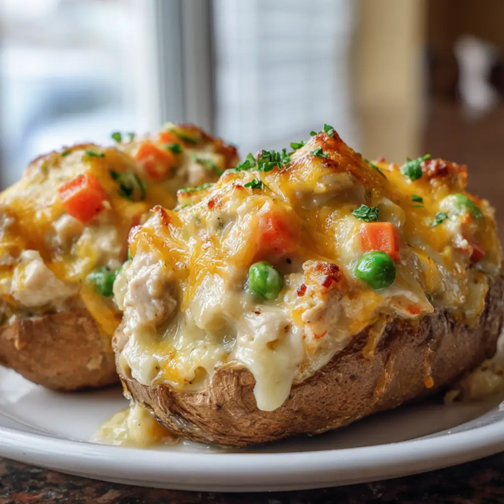 A close-up of two twice-baked potatoes on a white plate, generously filled with a creamy chicken pot pie mixture, topped with melted cheese, and garnished with fresh herbs.