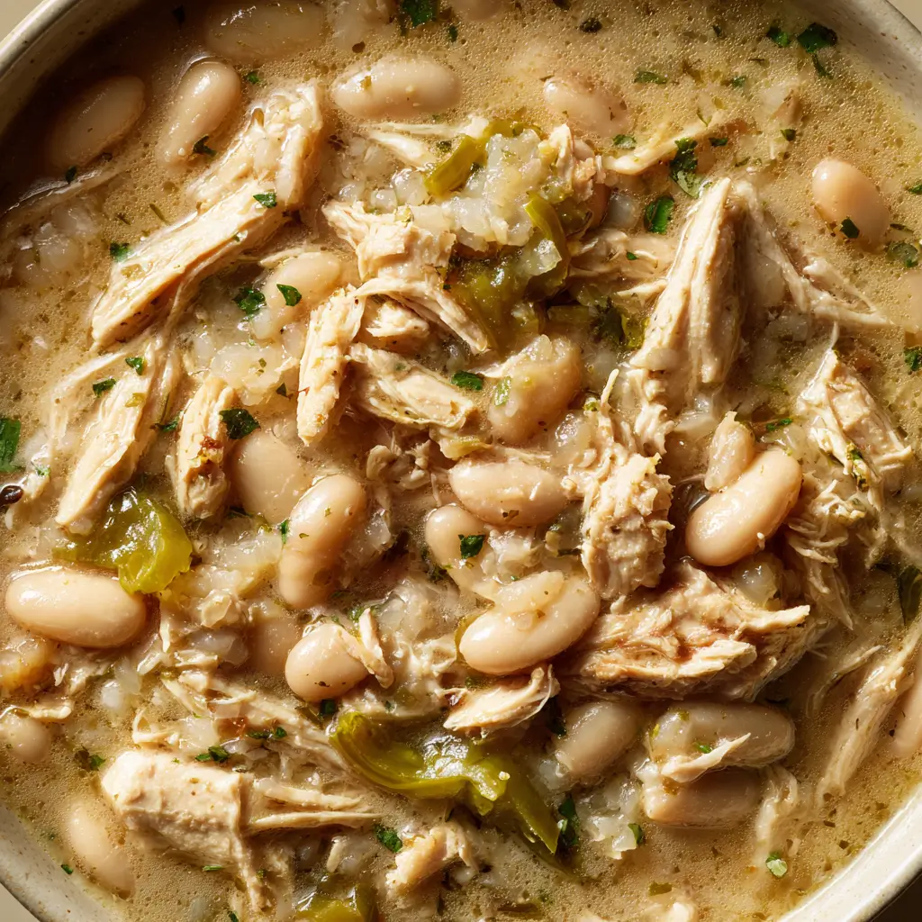 A hearty bowl of white chicken chili with tender shredded chicken, white beans, and green chilies, garnished with fresh cilantro.