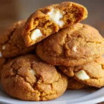 A close-up shot of a stack of soft white chocolate chai pumpkin snickerdoodles, with the top cookie broken in half to reveal a gooey white chocolate chip center and a tender, pumpkin-spiced crumb.