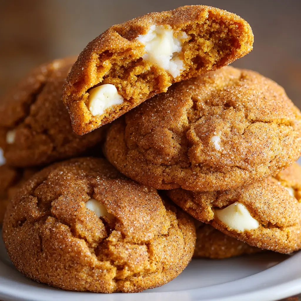A close-up shot of a stack of soft white chocolate chai pumpkin snickerdoodles, with the top cookie broken in half to reveal a gooey white chocolate chip center and a tender, pumpkin-spiced crumb.