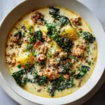 A white bowl filled with creamy Zuppa Toscana soup, featuring chunks of Italian sausage, tender potatoes, and wilted kale, viewed from above.