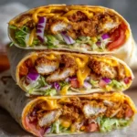 Crispy air fryer chicken wraps with lettuce, tomato, red onion, and melted cheddar in tortillas