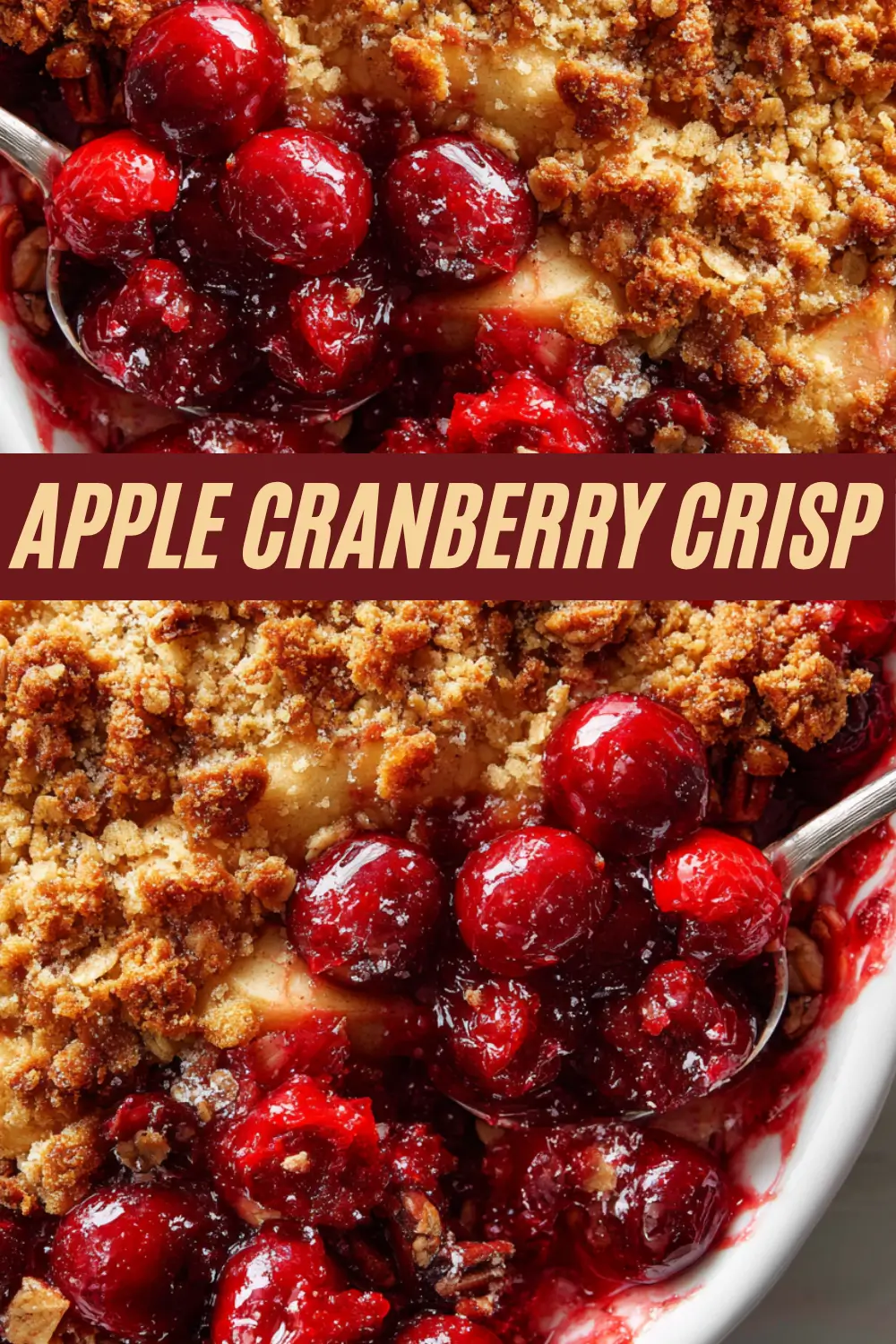 Warm apple cranberry crisp topped with crunchy oat streusel and juicy baked berries