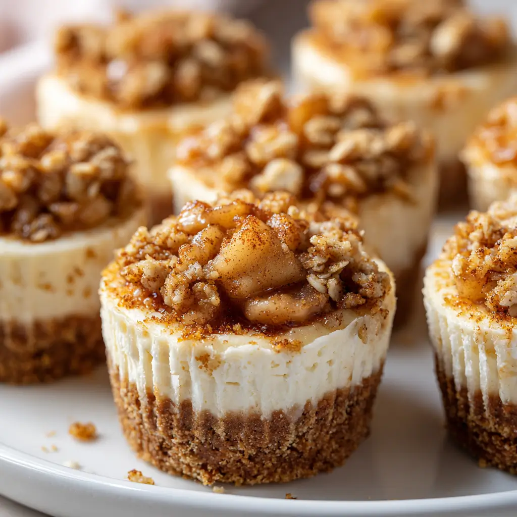 Mini cheesecakes with a buttery graham crust, creamy filling, and cinnamon-apple crisp topping.