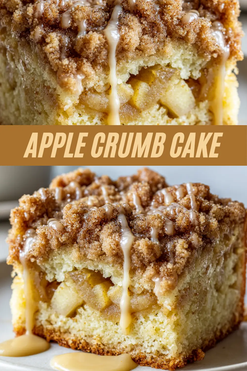 Moist apple crumb cake topped with a cinnamon streusel and drizzled with vanilla glaze
