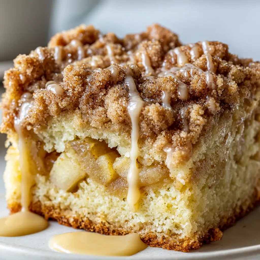 Moist apple crumb cake with cinnamon streusel topping and sweet glaze drizzle