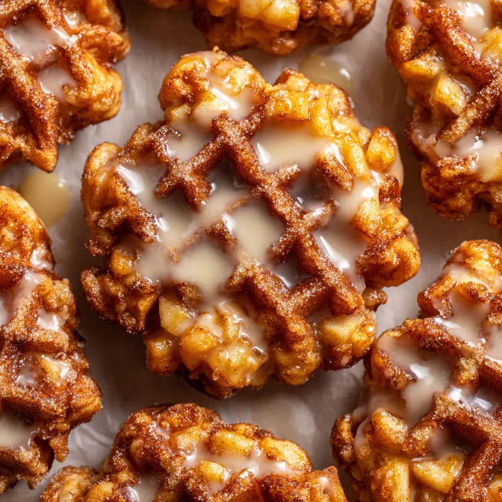 Cinnamon-apple fritter waffle donuts drizzled with vanilla glaze.