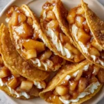 Crispy taco shells filled with creamy cheesecake and cinnamon apple pie filling.