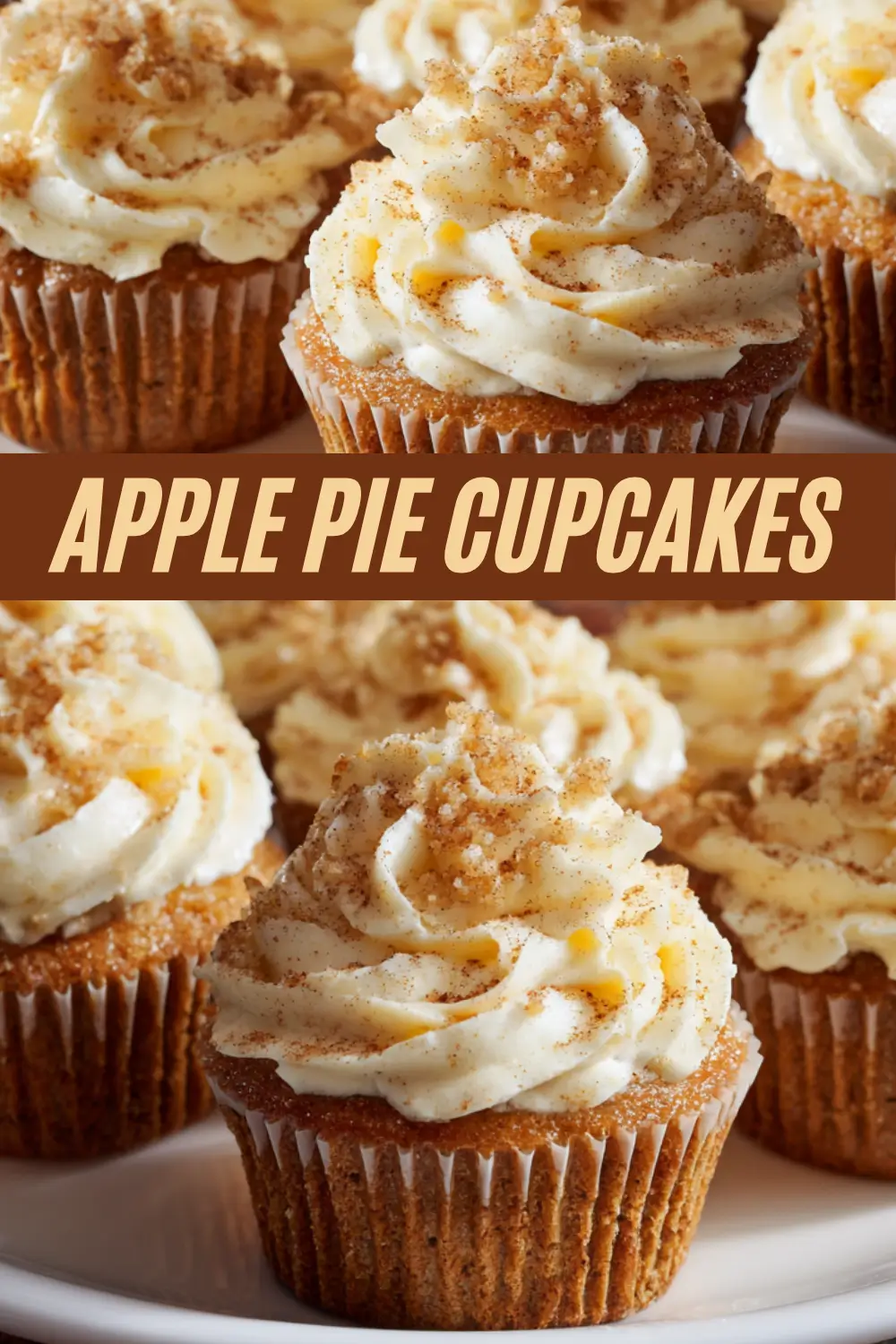 Apple pie cupcakes topped with creamy cinnamon frosting and brown sugar streusel sprinkles.