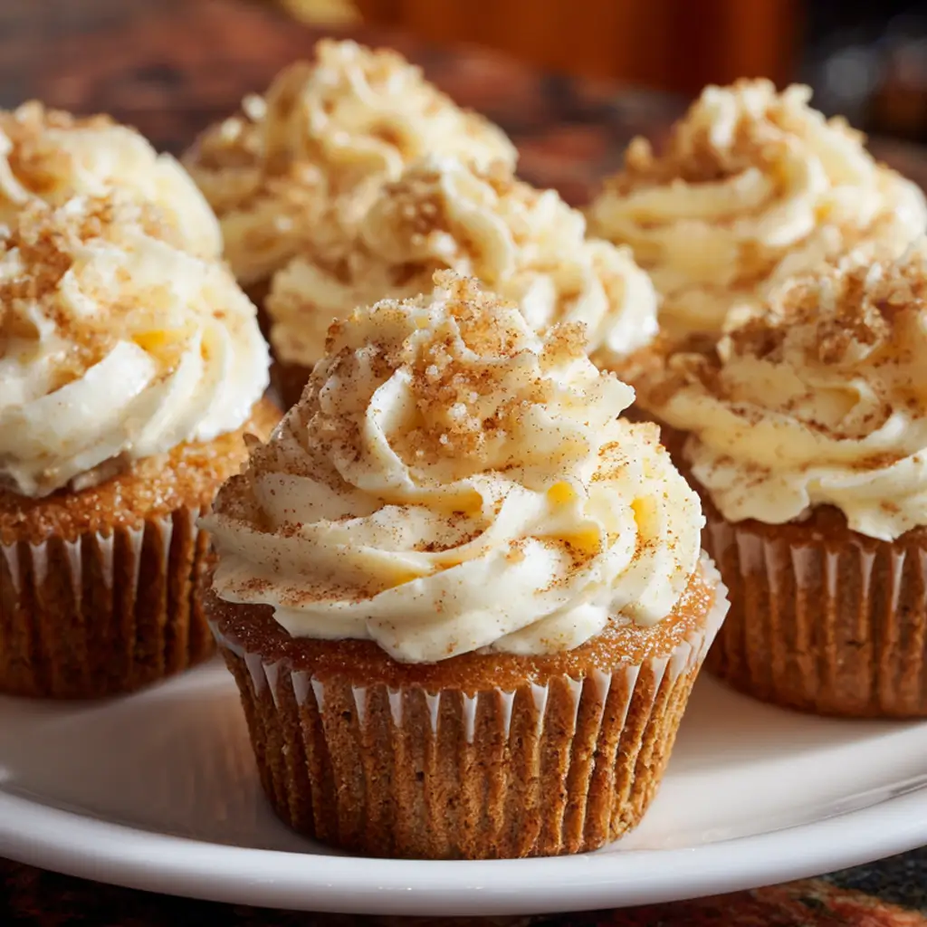 Apple pie cupcakes topped with swirls of cinnamon frosting and brown sugar streusel.