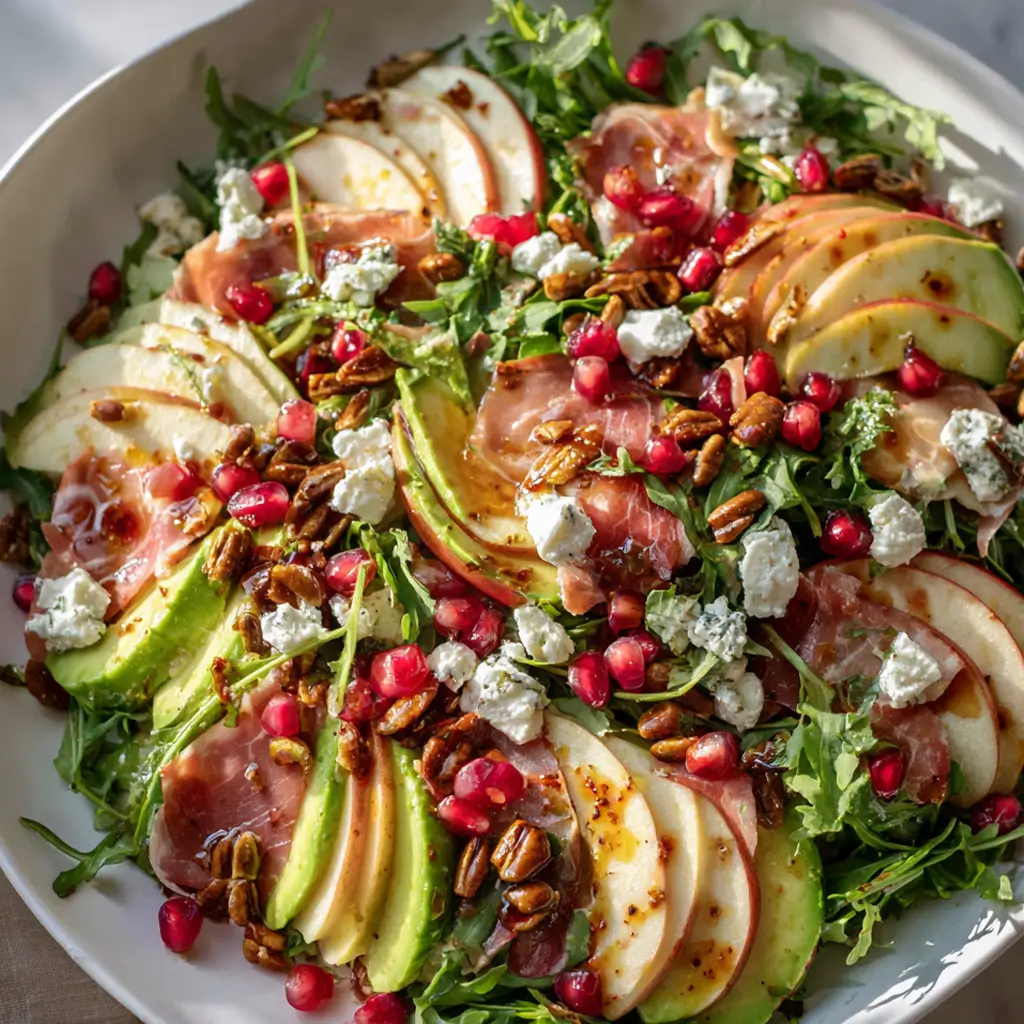 Autumn harvest salad with apple, feta, arugula, avocado, pomegranate, candied pecans, and vinaigrette
