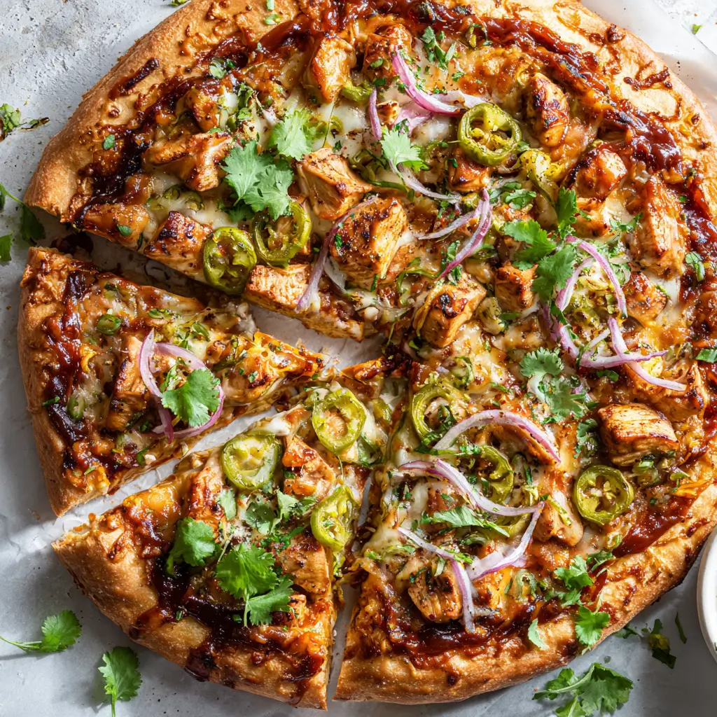 BBQ chicken pizza with red onion, jalapeño, cilantro, and mozzarella on golden crust