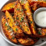 Crispy baked sweet potato wedges coated in garlic, parmesan, and herbs, served with a creamy dipping sauce.
