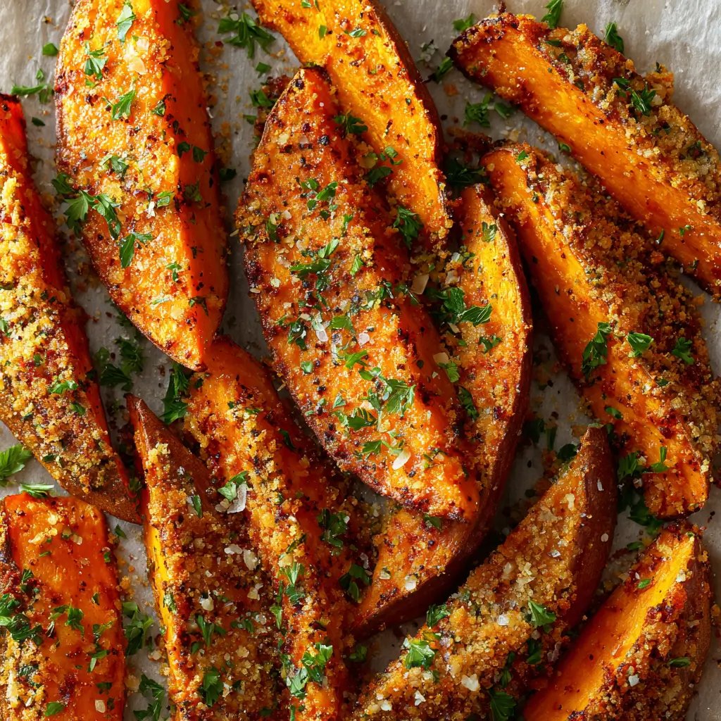 Herb-crusted sweet potato wedges topped with parmesan and parsley, baked until crisp on a sheet pan.
