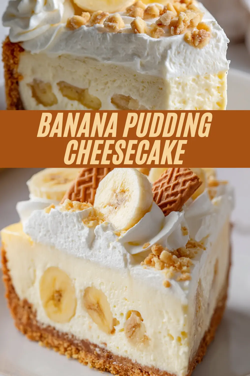 Creamy banana pudding cheesecake topped with whipped cream and vanilla wafers.