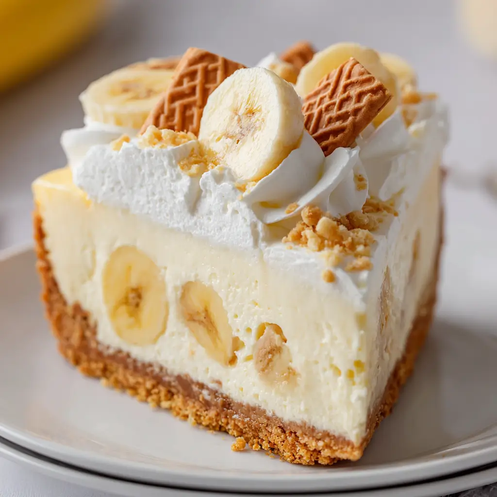 Slice of banana pudding cheesecake with vanilla wafers and whipped cream.