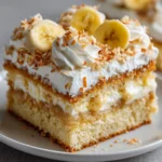 Moist tres leches cake slice topped with banana, whipped cream, and toasted coconut.