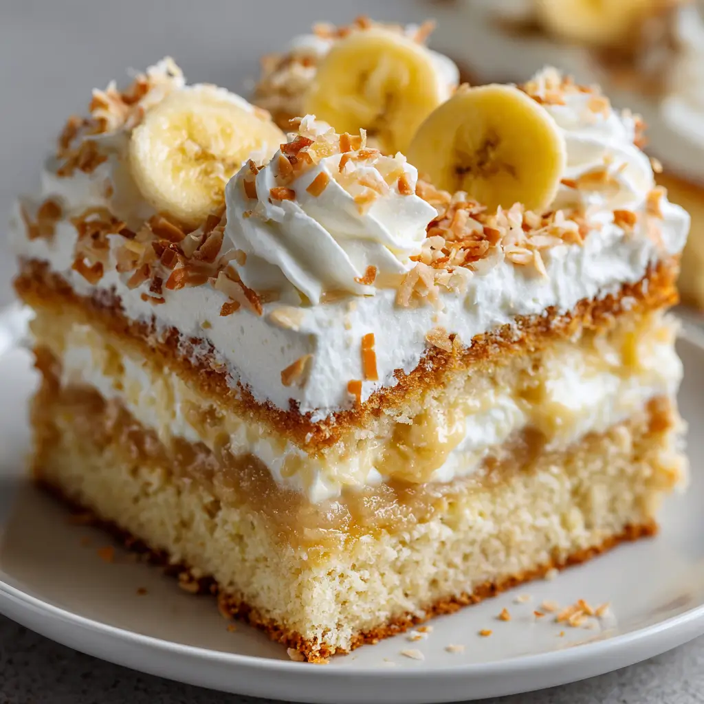 Moist tres leches cake slice topped with banana, whipped cream, and toasted coconut.