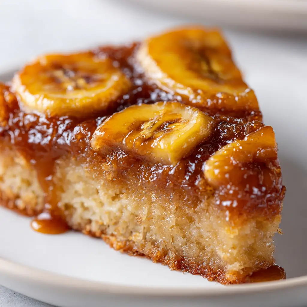 A slice of banana upside down cake with caramel topping.