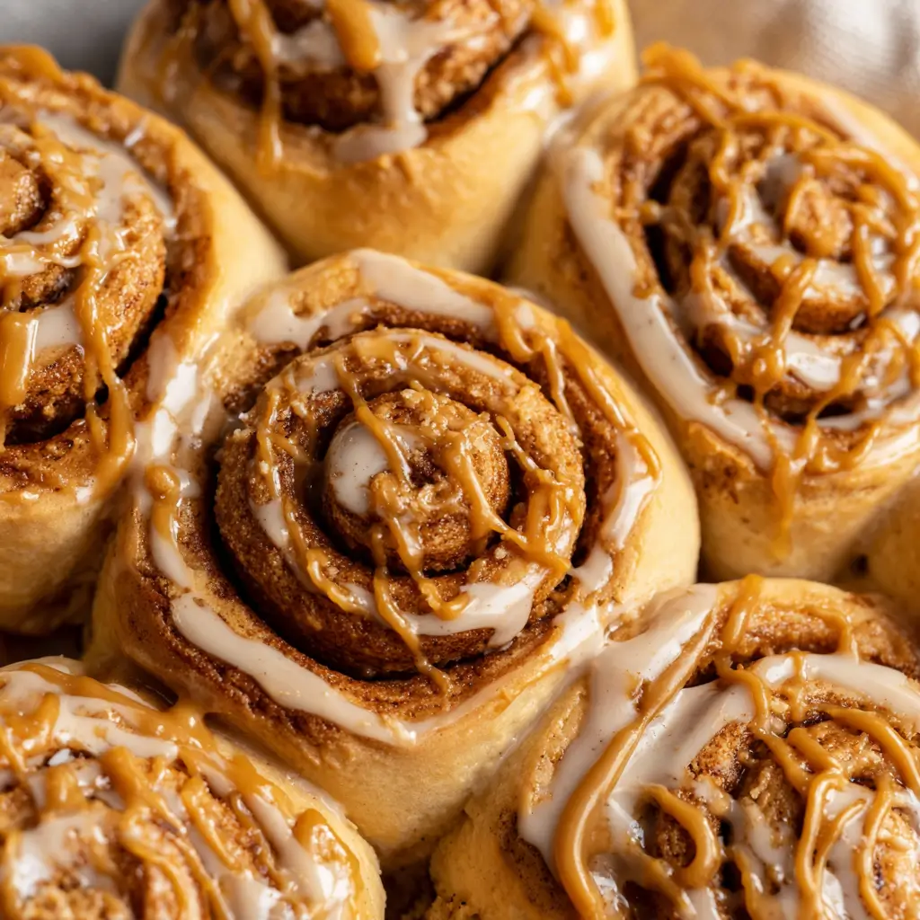 Close-up of fluffy cinnamon rolls drizzled with Biscoff cookie butter glaze.